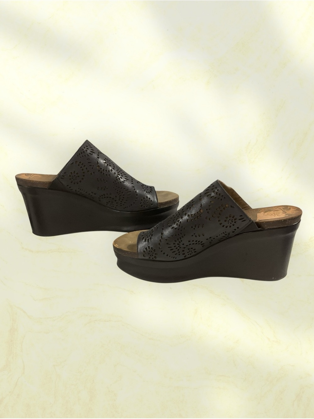 OTBT Comfort Slide Platform Wedge Sandals - Black Laser-cut Women's Size 9.5M